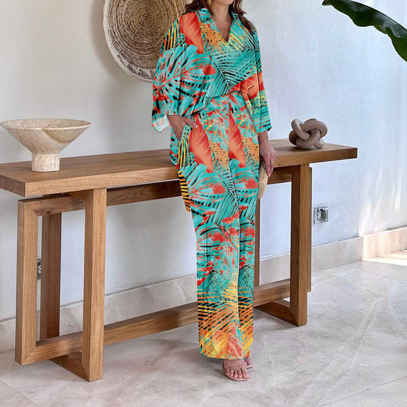 Women's Patterned Kimono Lounge Set with Wide Palazzo Pants made of Lightweight Viscose Mix Mune Fashion