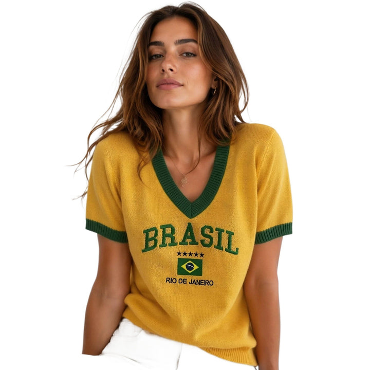Unisex nan short retro knit sweater with V-neck, contrast cuffs and Brazil embroidery Mune Fashion