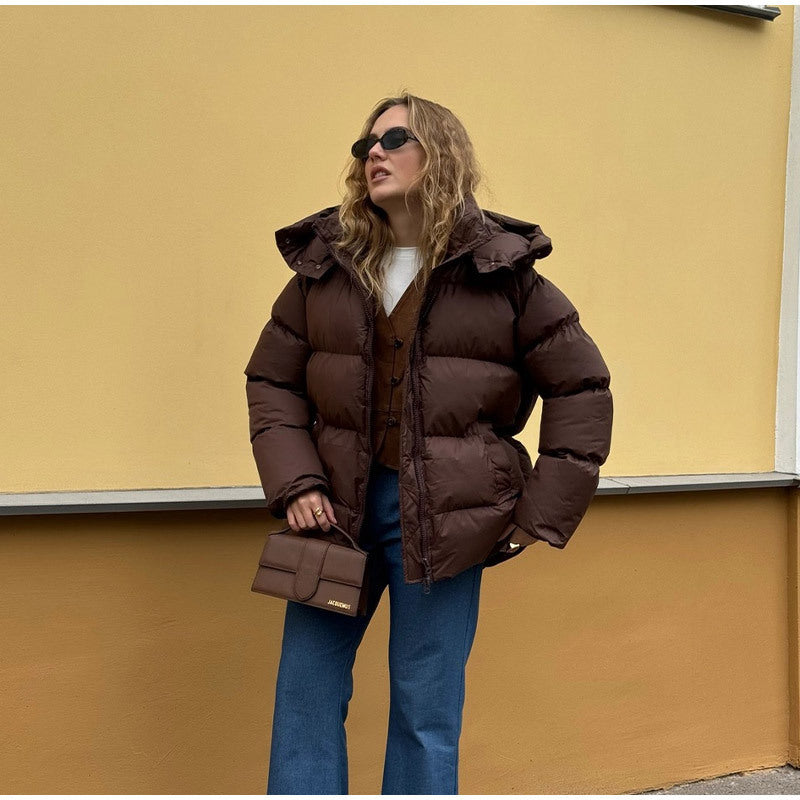 Women Padded Oversized Padded Jacket with Volume Sleeves and Removable Hooded Collar Mune Fashion