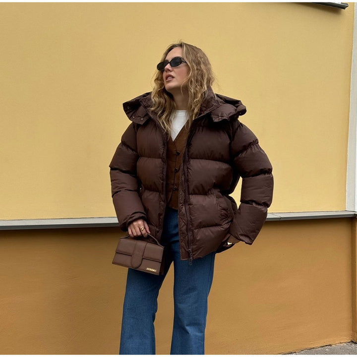Women Padded Oversized Padded Jacket with Volume Sleeves and Removable Hooded Collar Mune Fashion