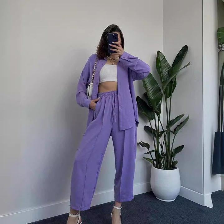 Women's Casual Two-Piece Lounge Set Made of Crêpe with Oversized Shirt and High Elastic Waistband Mune Fashion