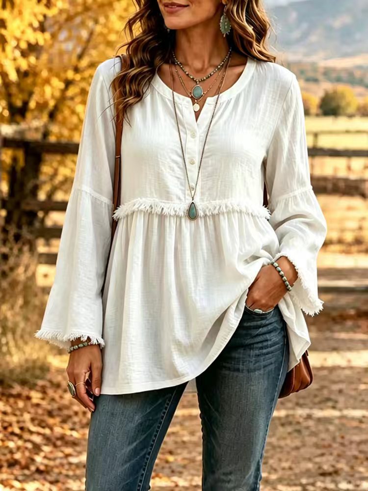 Women's Fringe Tunic Blouse with V-Neck and Bell Sleeves Mune Fashion