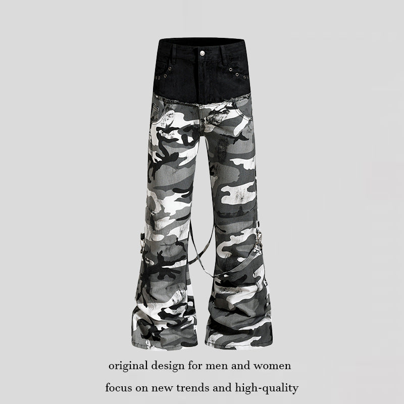 Ladies Wide High-Waist Cargo Pants in Camouflage Look with Bondage Straps Mune Fashion