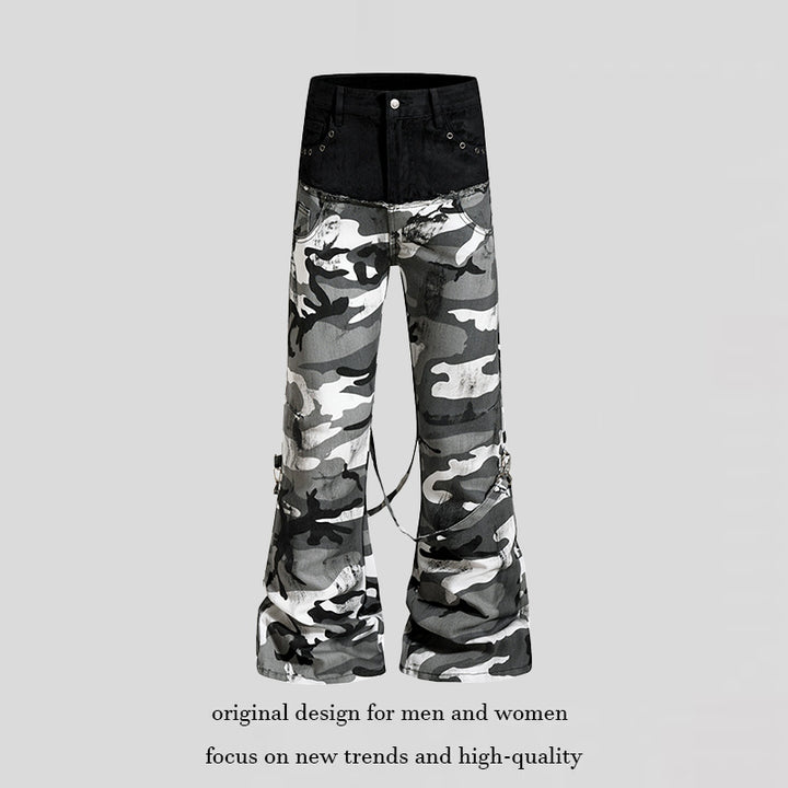 Ladies Wide High-Waist Cargo Pants in Camouflage Look with Bondage Straps Mune Fashion