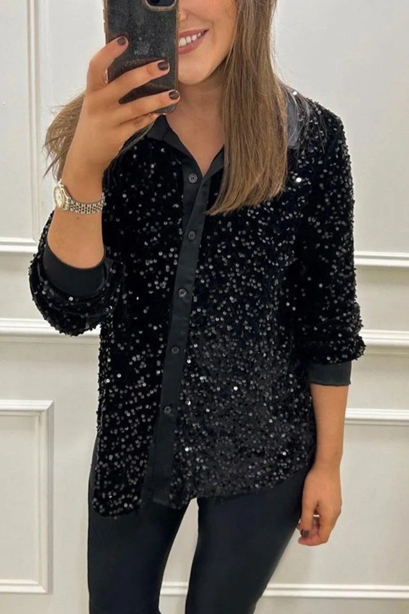 Women's shimmering sequin shirt blouse with collar, button placket, and elastic cuffs Mune Fashion