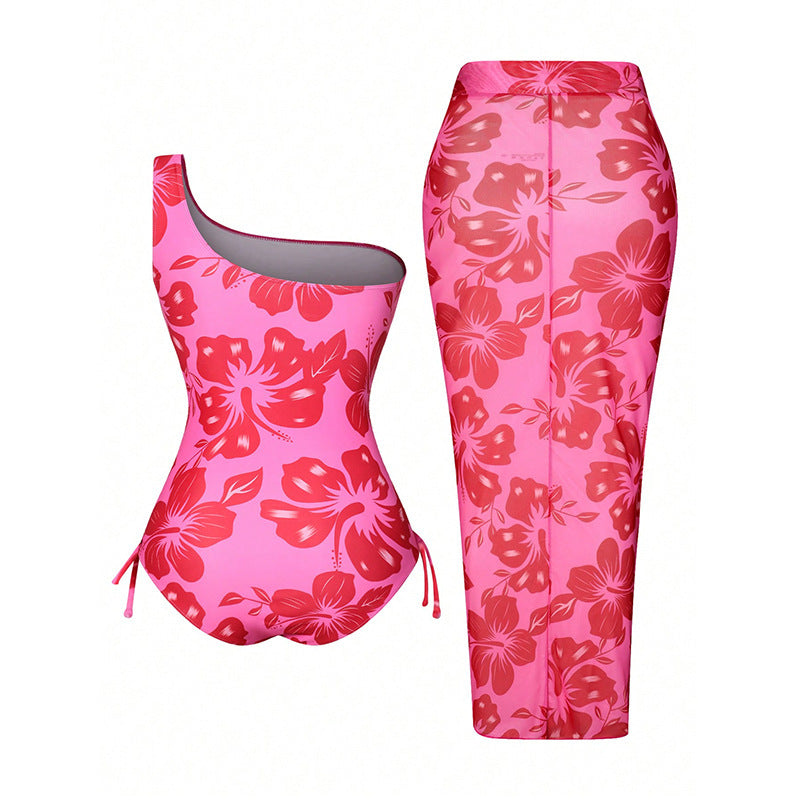 Women's One-Piece Swimsuit with Asymmetrical Strap and Matching Wrap Skirt Mune Fashion