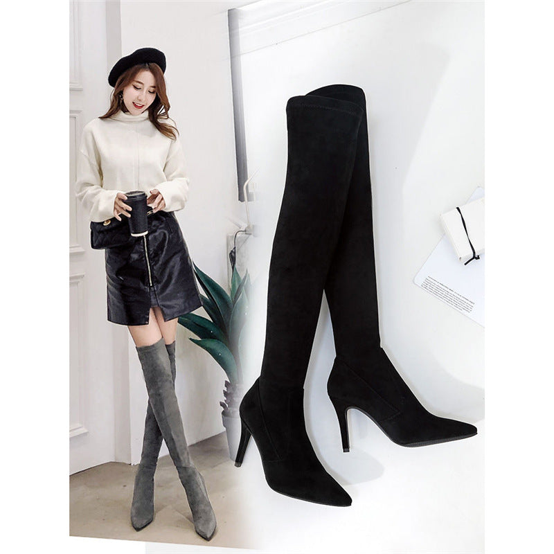 Women Thigh-High Stretch Boots with Pointed Toe Shape and Shaped Stiletto Heel Mune Fashion