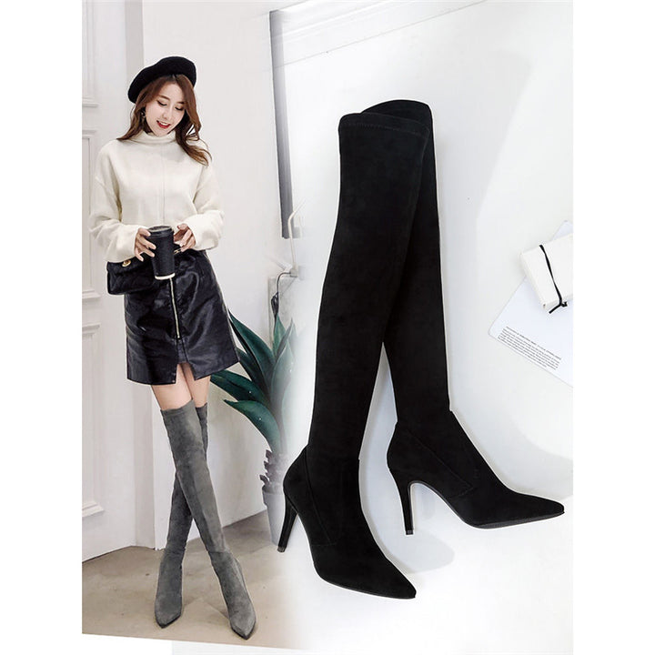 Women Thigh-High Stretch Boots with Pointed Toe Shape and Shaped Stiletto Heel Mune Fashion