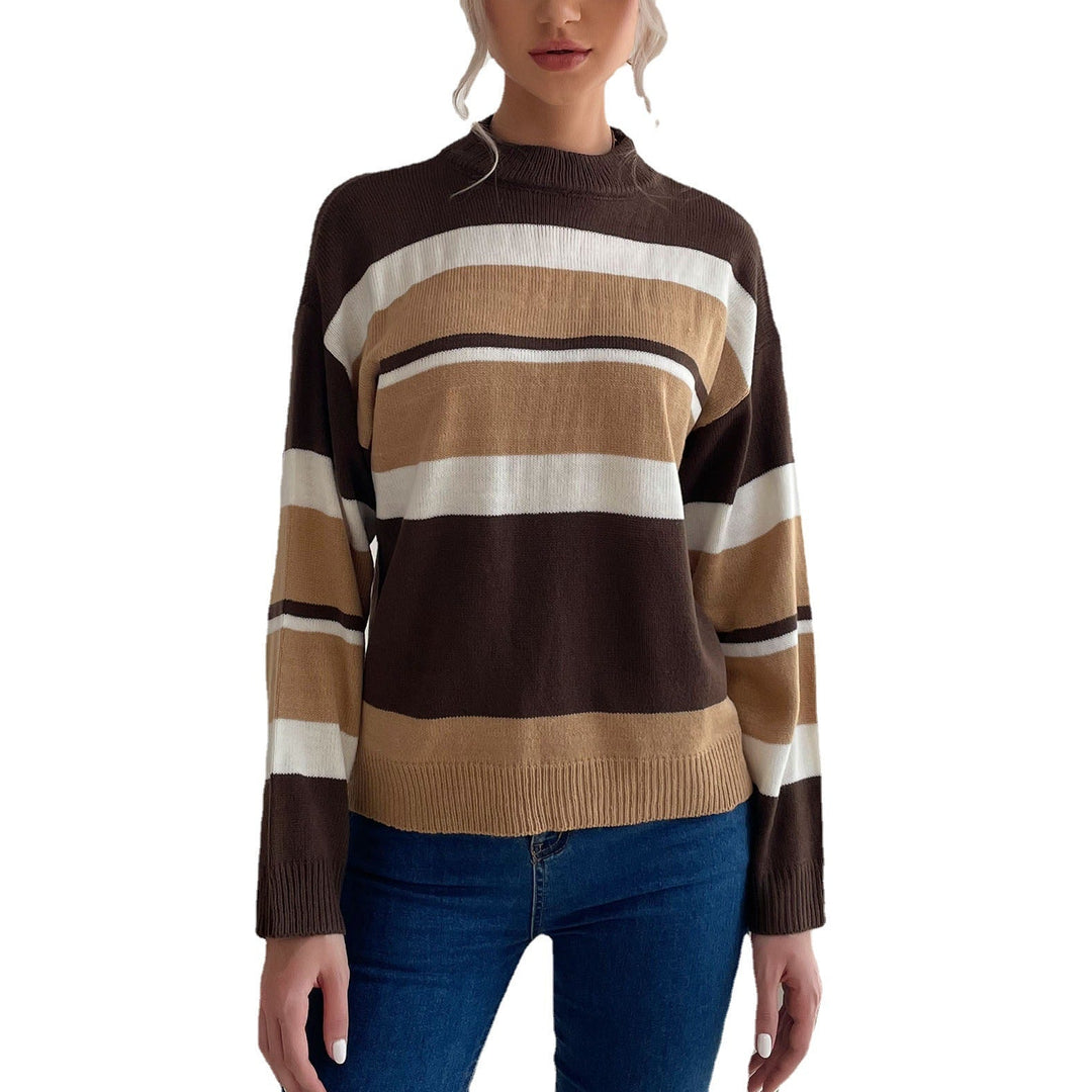 Women's Striped Fine Knit Sweater with Stand-Up Collar Mune Fashion
