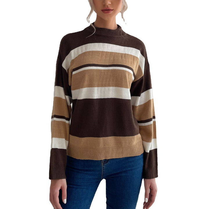 Women's Striped Fine Knit Sweater with Stand-Up Collar Mune Fashion