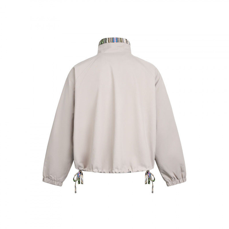 Women Short Tail Bomber Jacket with Stand-Up Collar and Patterned Lining Mune Fashion
