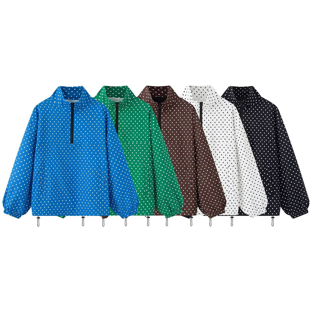 Women's Polka Dot Light Anorak with Half Zip, Kangaroo Pocket and Drawstring Mune Fashion