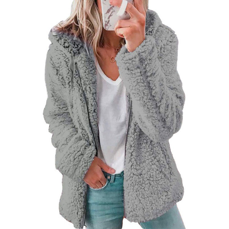 Women's fleece teddy jacket with hood, oversized cut and zipper Mune Fashion