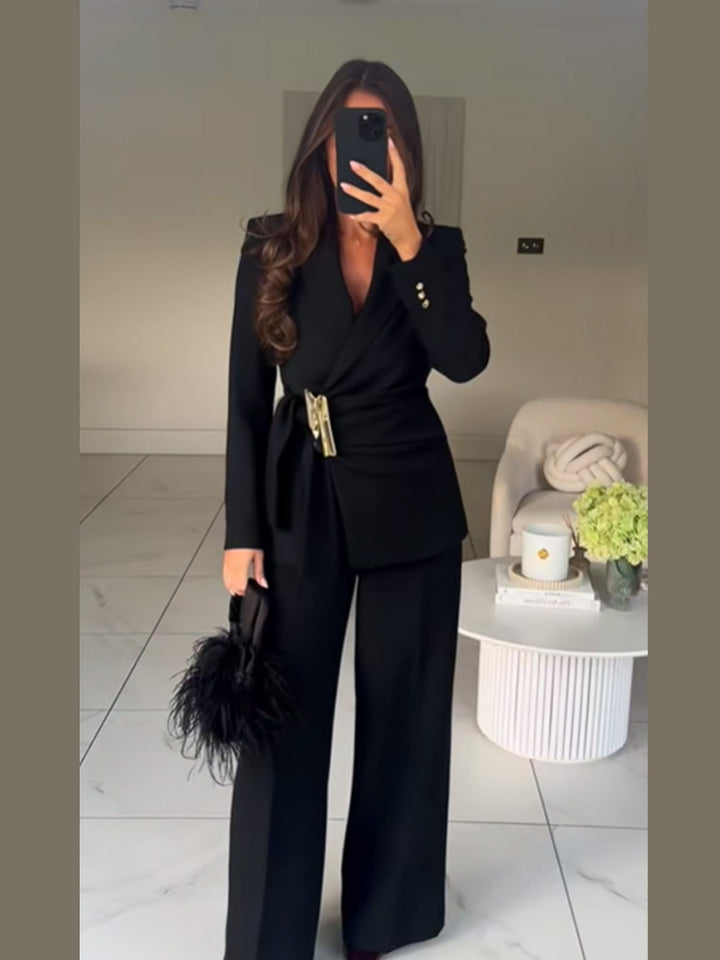 Women's Tailored Wrap Blazer with Decorative Metal Buckle & High-Waist Palazzo Pants Mune Fashion