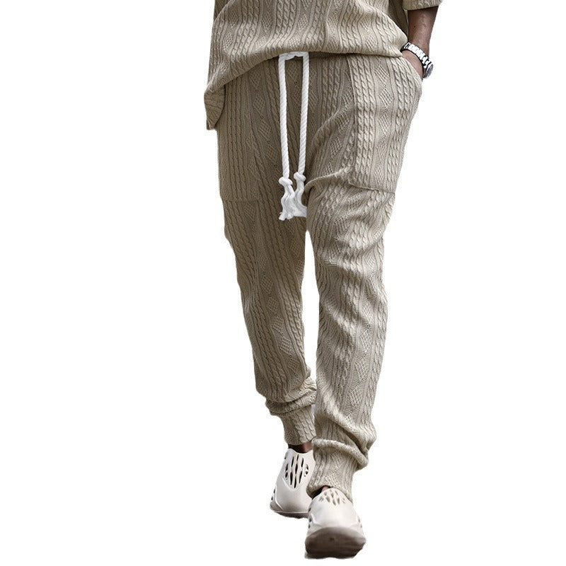 Men's knitted jogging pants with cable pattern, drawstring with cord and ribbed leg cuffs Mune Fashion