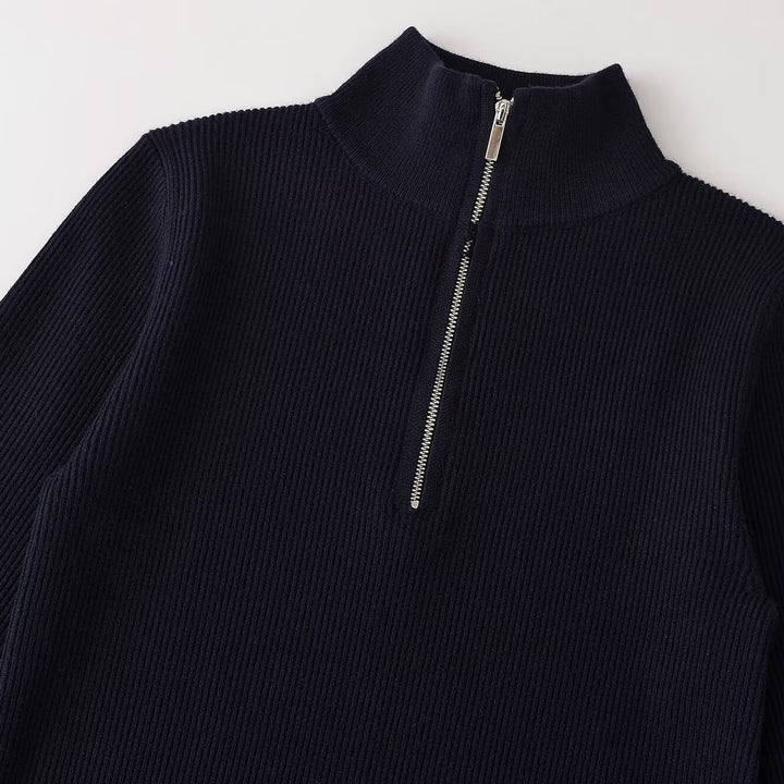 Women's Ribbed Half-Zip Knit Sweater with Stand Collar Mune Fashion