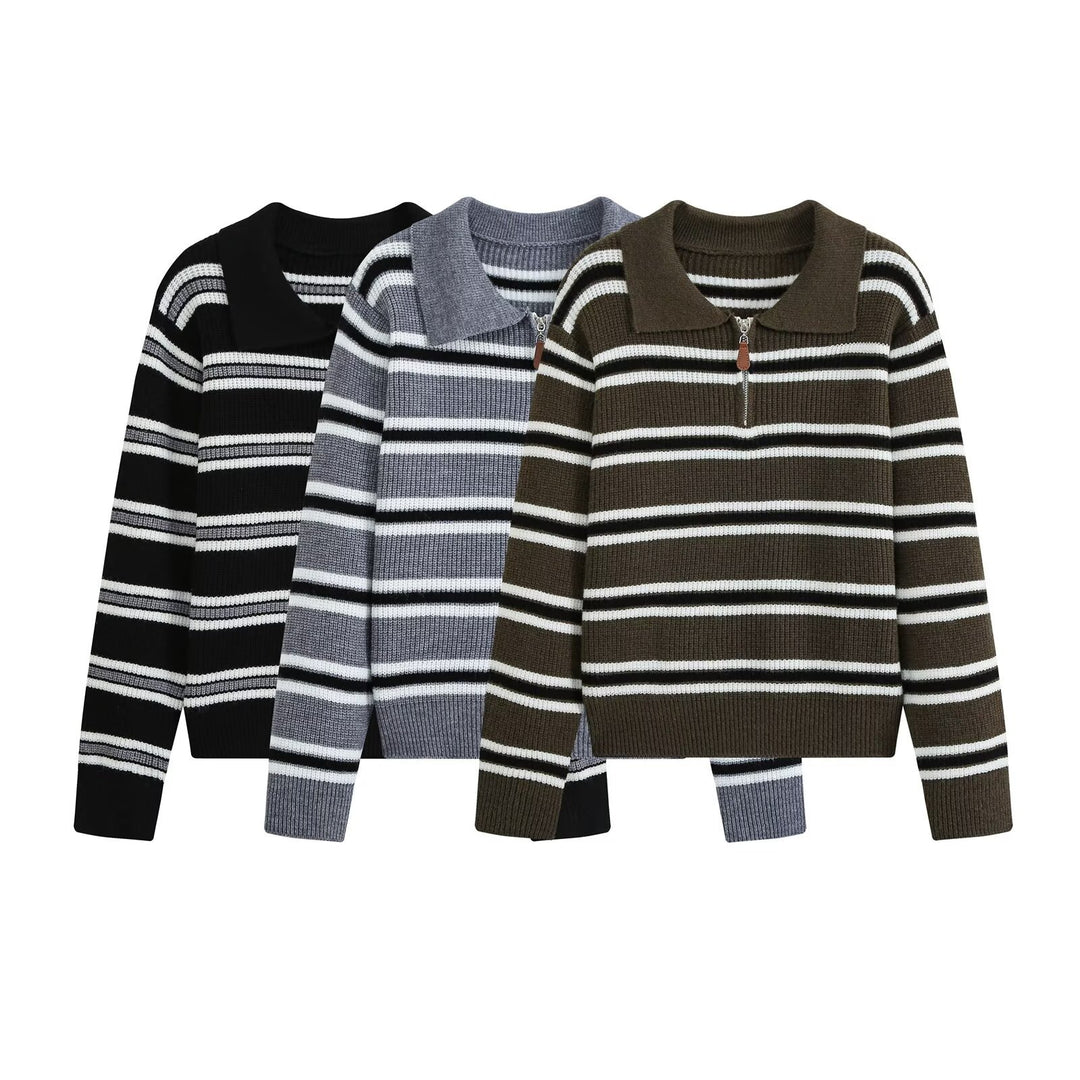 Women's Ribbed Stripe Sweater with Short Zipper and Polo Collar Drune