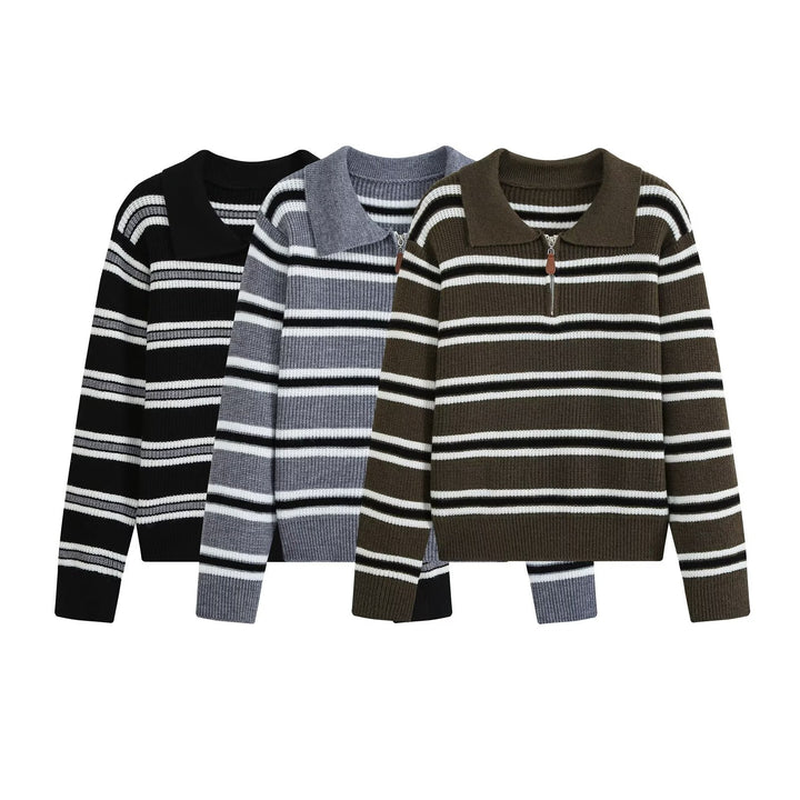 Women's Ribbed Stripe Sweater with Short Zipper and Polo Collar Drune