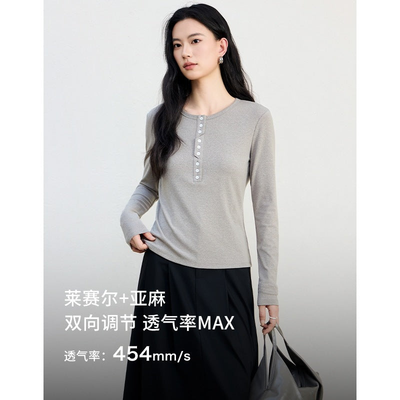 Women's Long Sleeve Henley Shirt made of fine jersey with decorative button placket Mune Fashion