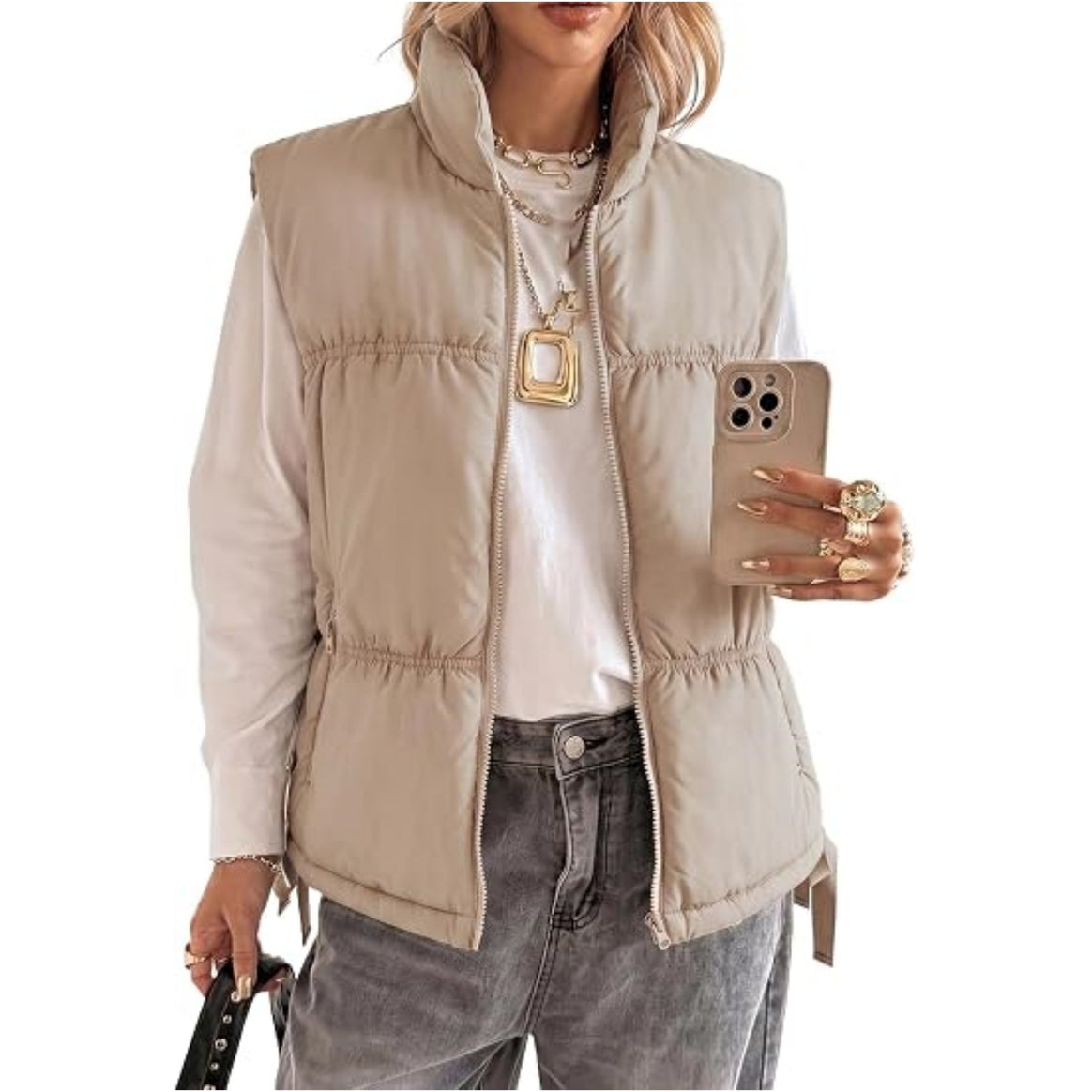Women’s Padded Sleeveless Vest with Stand-Up Collar and Drawstring Mune Fashion