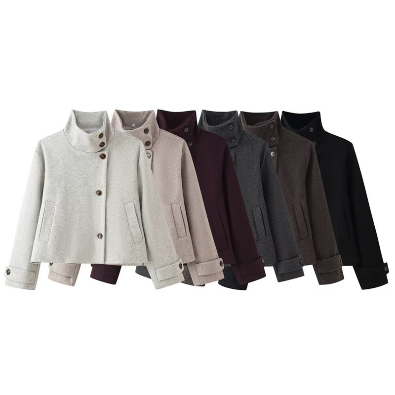 Women short boxy wool jacket with stand-up collar and cuffs Mune Fashion