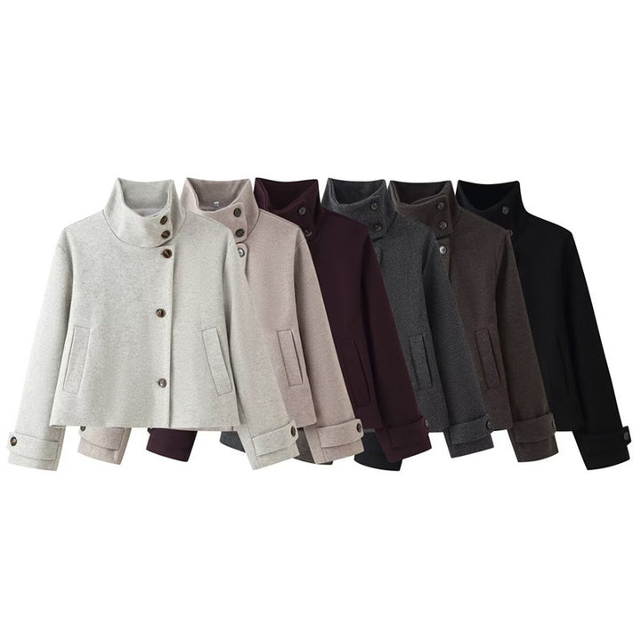 Women short boxy wool jacket with stand-up collar and cuffs Mune Fashion