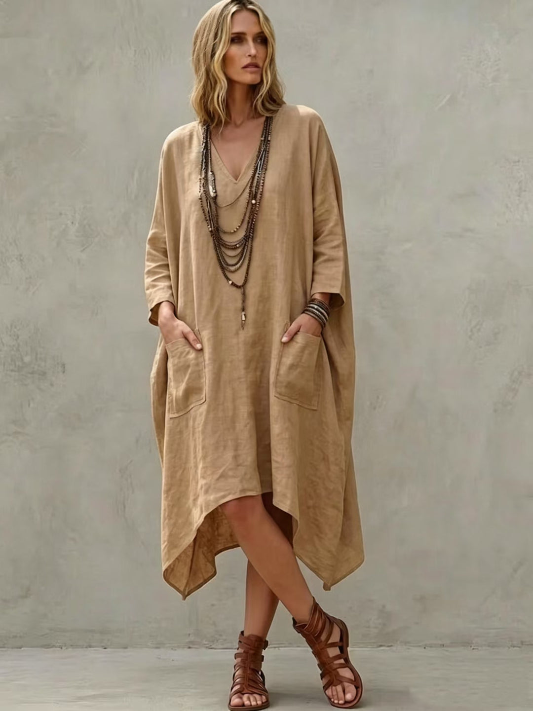 Women's Oversize Kaftan Dress with V-Neck, Side Pockets and Asymmetrical Hem Mune Fashion