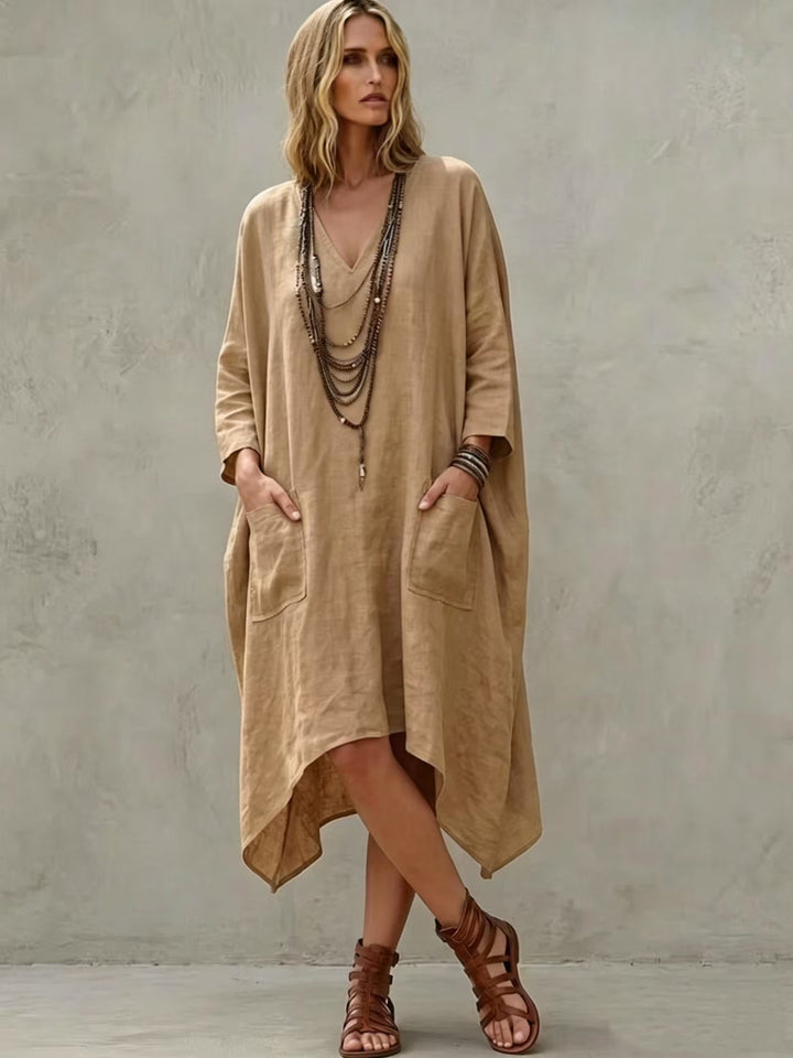Women's Oversize Kaftan Dress with V-Neck, Side Pockets and Asymmetrical Hem Mune Fashion