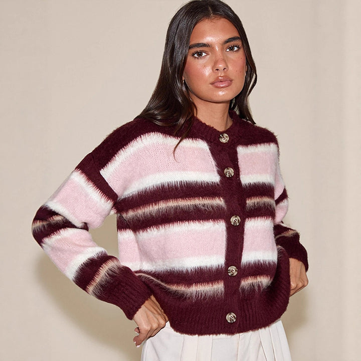 Women's Striped Mohair Blend Knit Cardigan with Button Placket and Cozy Cropped Cut Mune Fashion