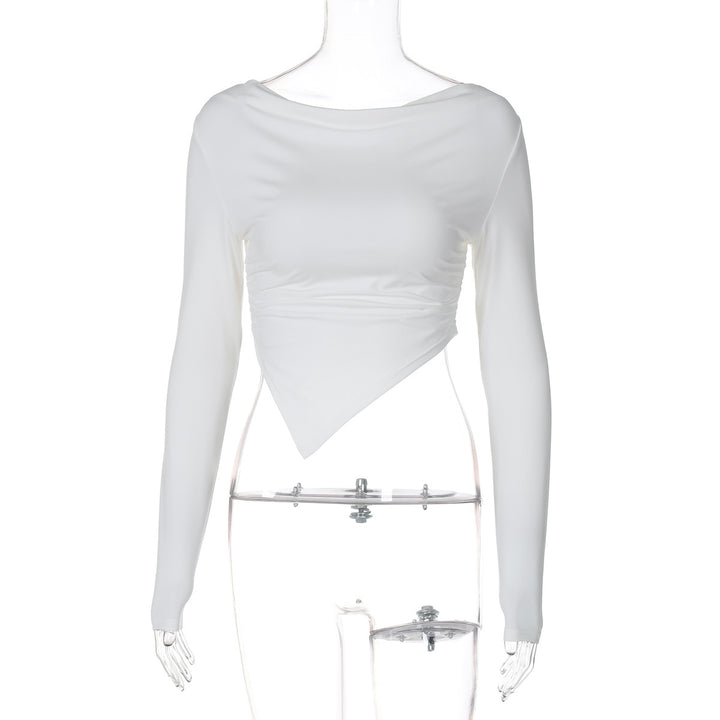 Women nan asymmetrical long-sleeved cropped top with draped neckline, side gathering, and pointed hem Mune Fashion