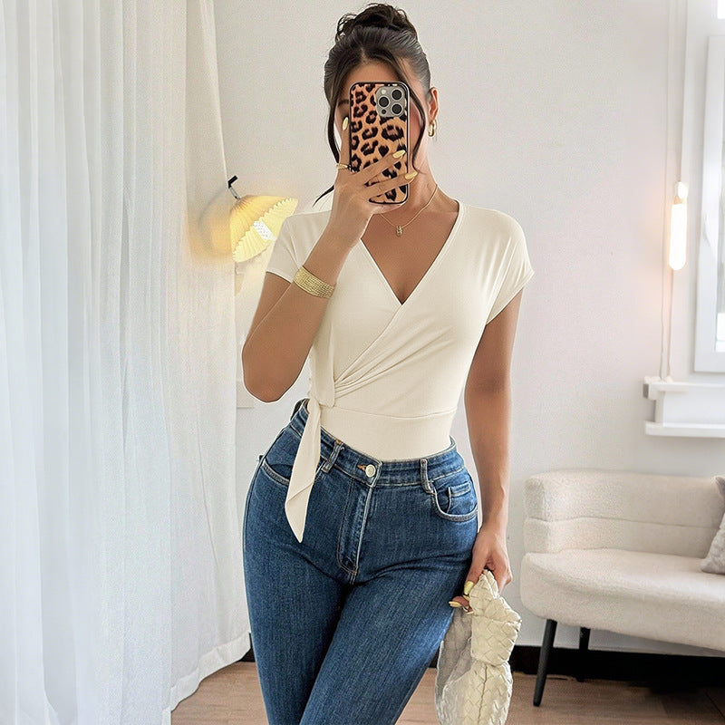 Women's Wrap Bodysuit with Short Sleeve, Tailored Band and V-Neck Mune Fashion