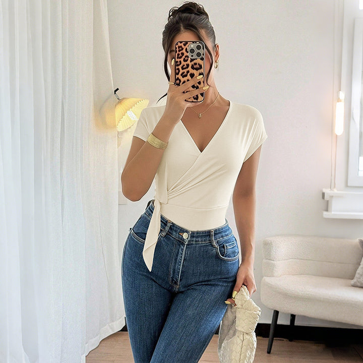 Women's Wrap Bodysuit with Short Sleeve, Tailored Band and V-Neck Mune Fashion