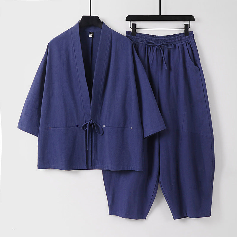 Unisex Modern Kimono Lounge Set made of soft cotton blend with short jacket, drawstring pants and ruffled ankles Mune Fashion