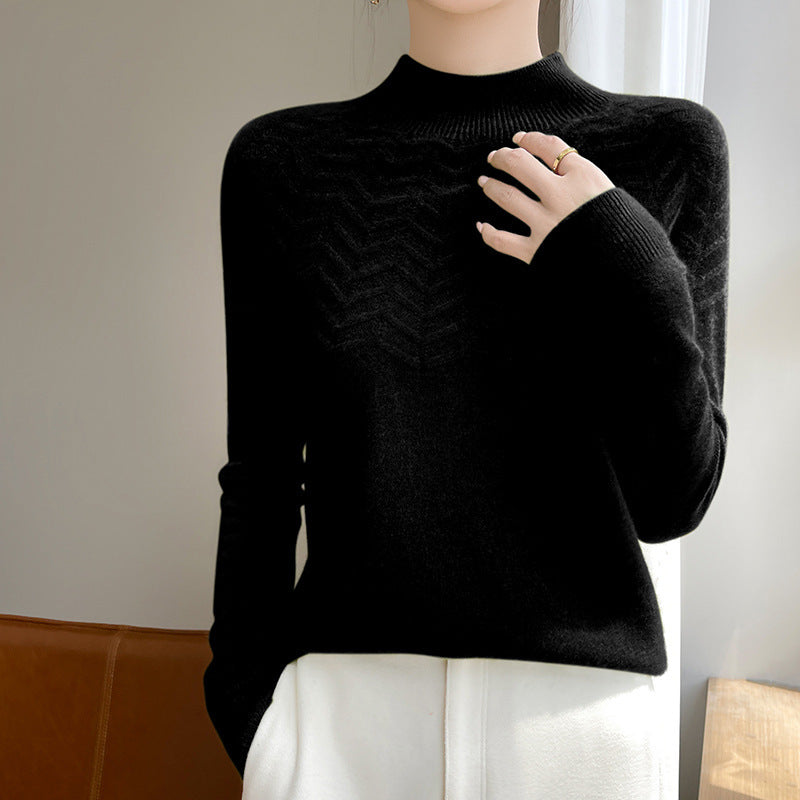 Women's Soft Fine Knit Mock Neck Sweater with Chevron Ajour and Cashmere Look Mune Fashion
