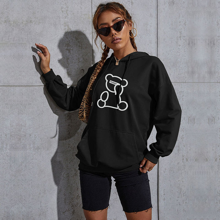Women's Oversized Hoodie with Teddy Graphic, Kangaroo Pocket and Drawstring Hood