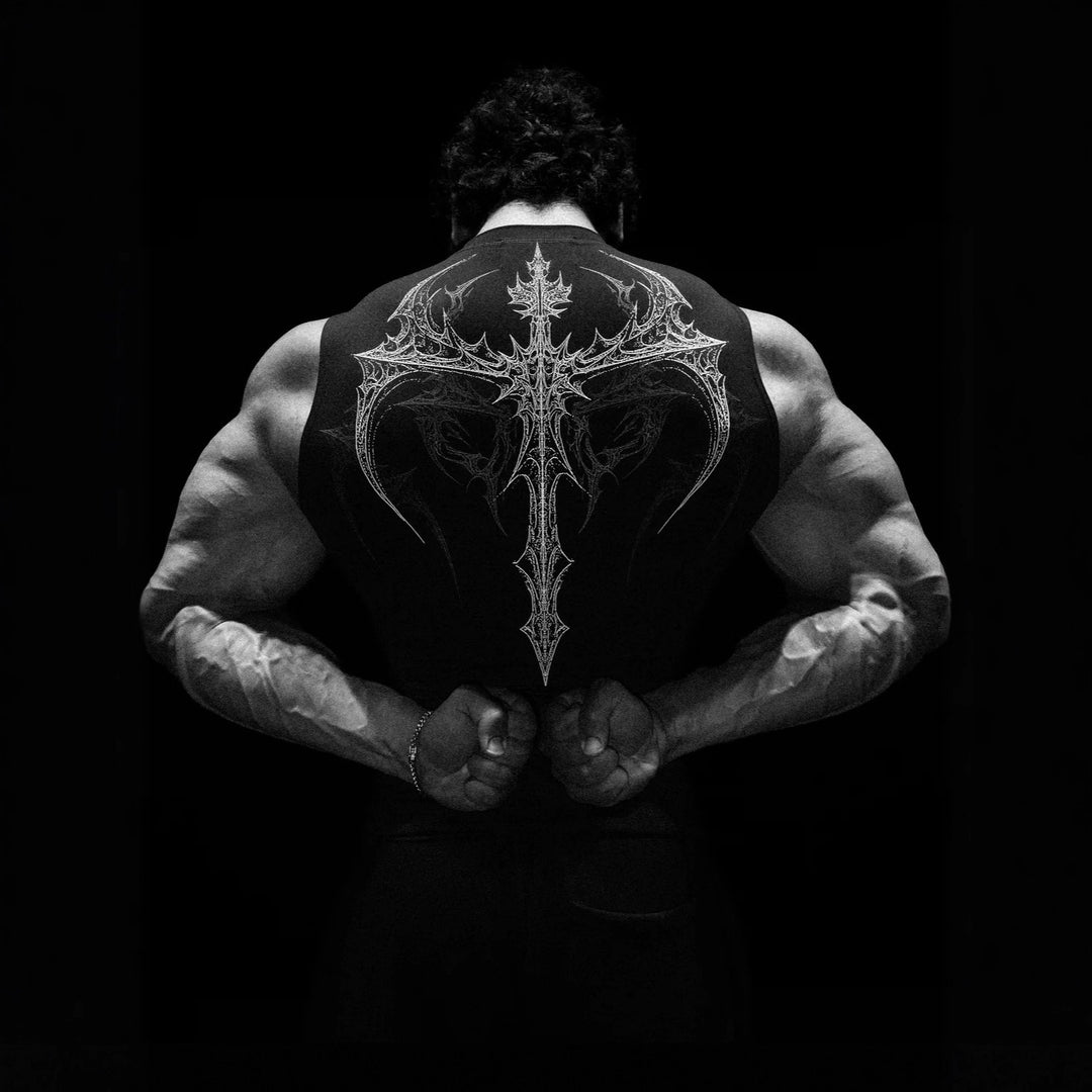 Men's form-fitting training tank top with deep armholes and intricate back print Mune Fashion