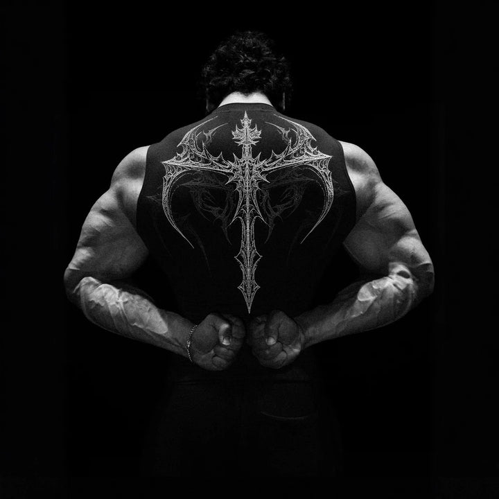 Men's form-fitting training tank top with deep armholes and intricate back print Mune Fashion