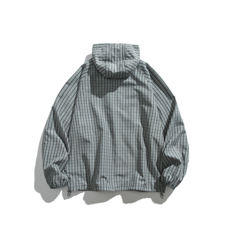 Unisex Lightweight Checked Windbreaker Jacket with Hood, Raglan Sleeves, and Drawstring Mune Fashion
