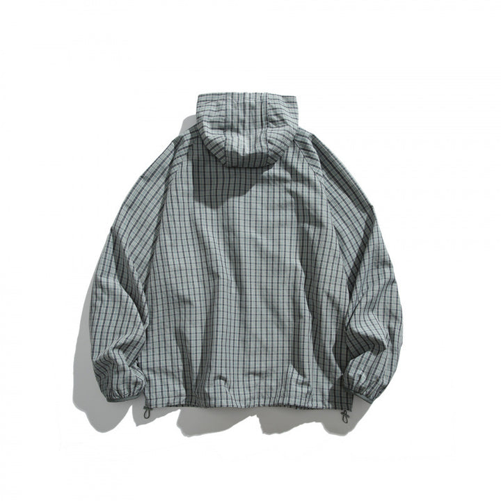 Unisex Lightweight Checked Windbreaker Jacket with Hood, Raglan Sleeves, and Drawstring Mune Fashion