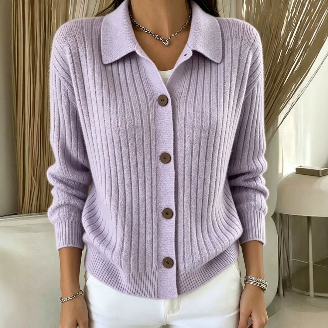 Women's Fine Ribbed Button Cardigan with Shirt Collar and Boxy Silhouette Mune Fashion