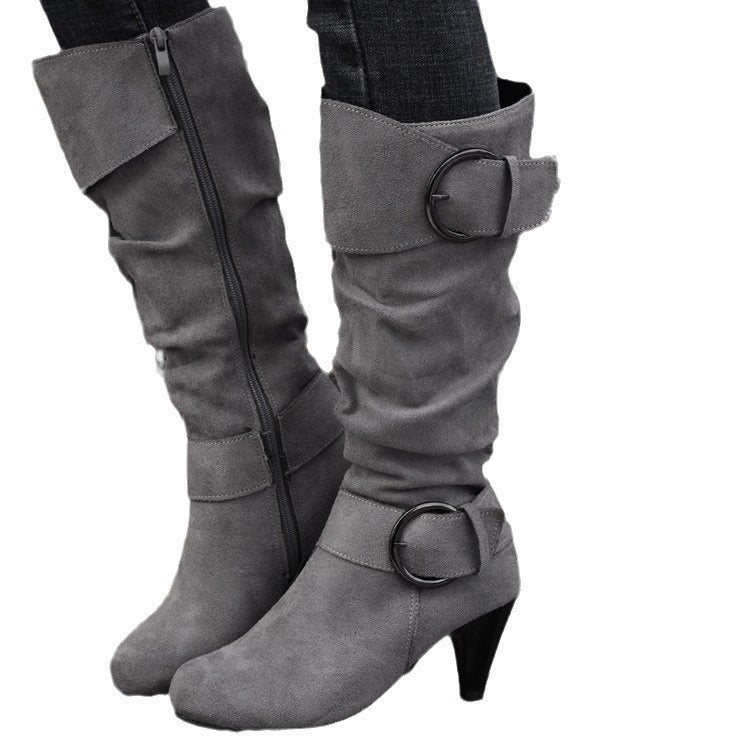 Women’s boots with soft faux suede, slip-on shaft and decorative buckles Mune Fashion