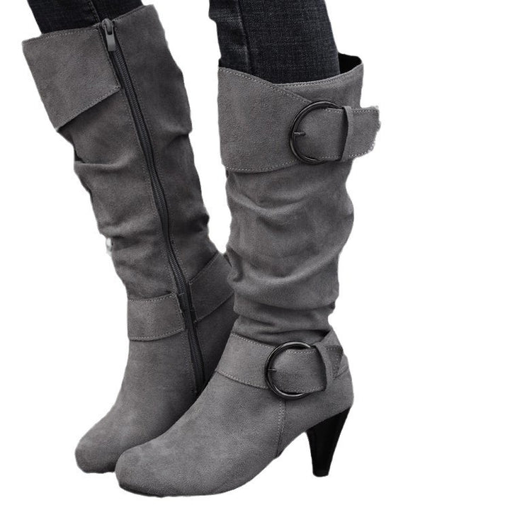 Women’s boots with soft faux suede, slip-on shaft and decorative buckles Mune Fashion