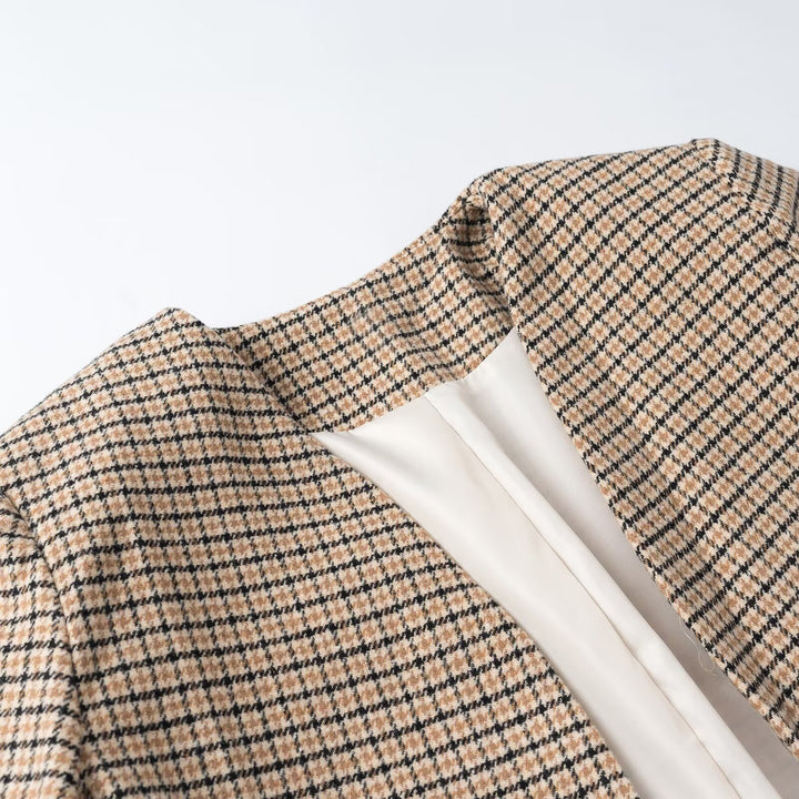 Ladies Two-Piece Tweed Ensemble with Collarless Cropped Blazer and A-Line Mini Skirt Mune Fashion