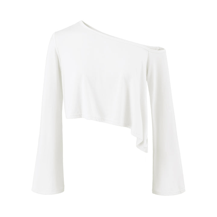Ladies One-Shoulder Crop Top with Asymmetric Hem and Flared Sleeves Mune Fashion