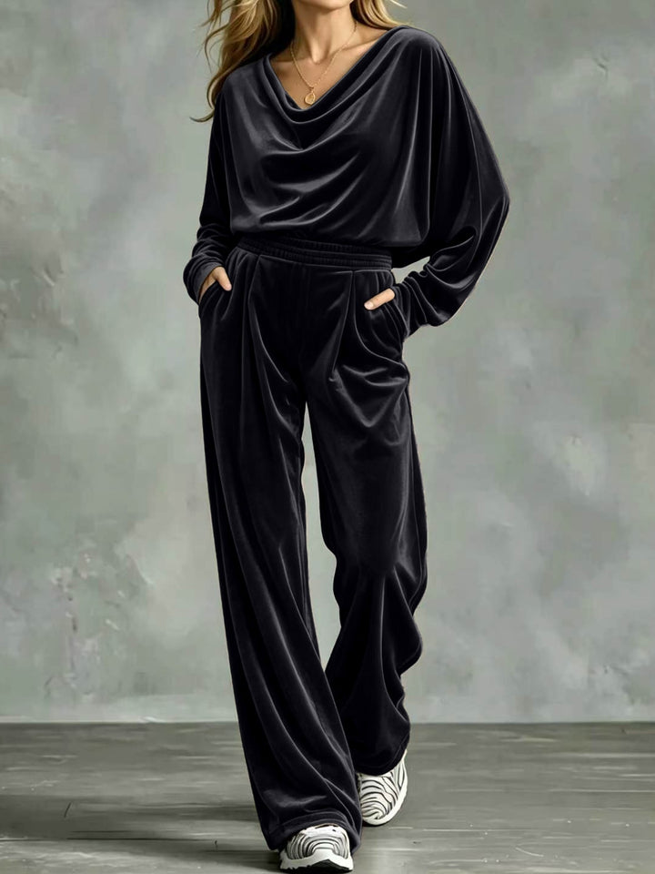 Women's Velvet Loungewear Set with Waterfall Collar, Wide Palazzo Cut and Insert Pockets Mune Fashion