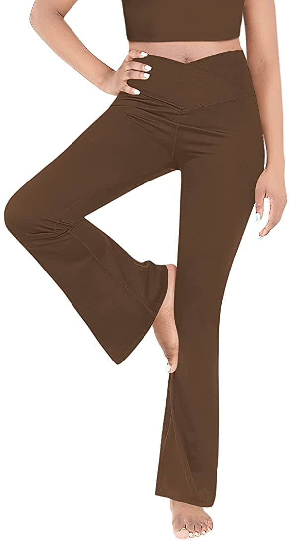 Women's mid-rise yoga pants with crossover waistband and flared hem with slit Mune Fashion
