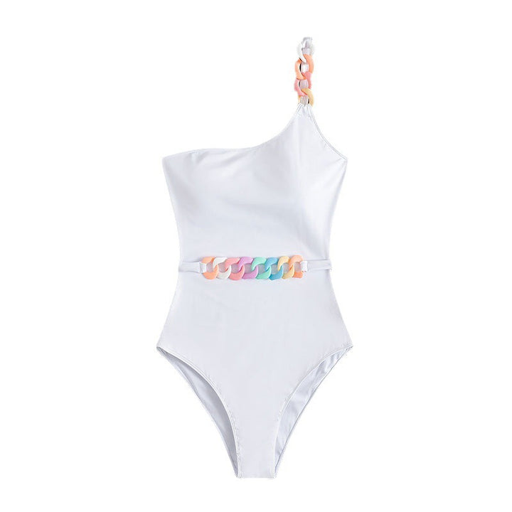 Women One-Sided Swimsuit with Decorative Chain Belt Mune Fashion