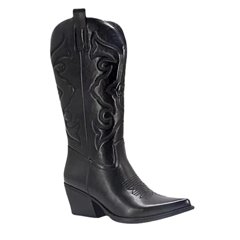 Ladies nan metallic western boots with mid-high shaft decorative embroidery and side zipper Mune Fashion