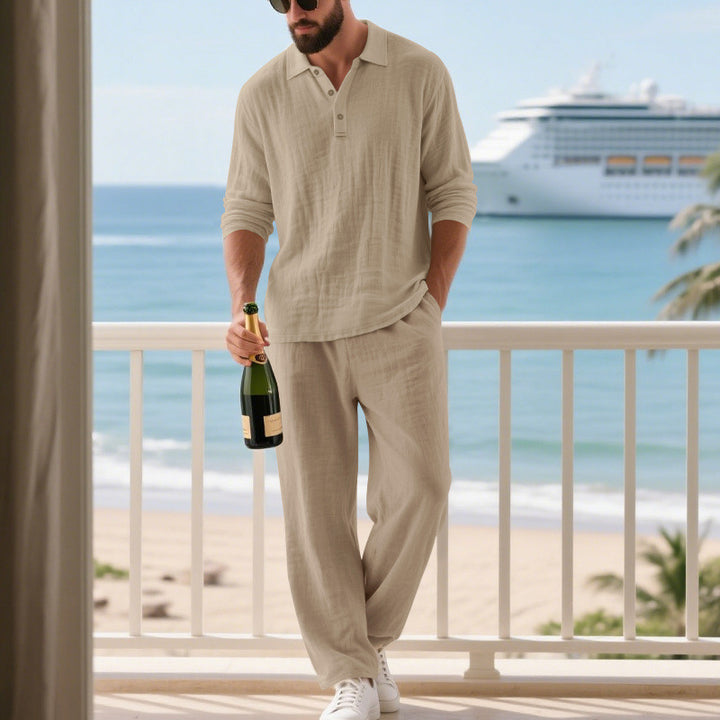 Men's relaxed cotton muslin resort set with polo collar button placket and wide comfort waistband Mune Fashion