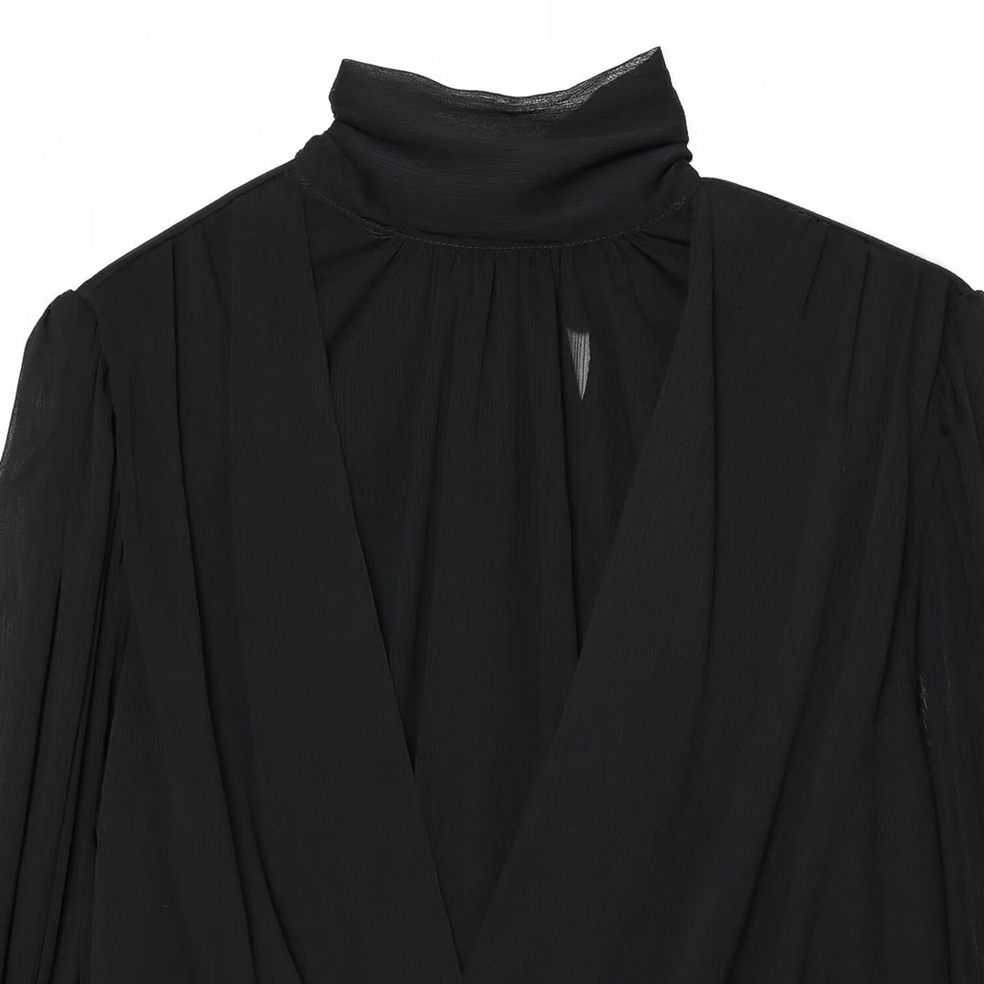 Women's chiffon blouse with tie, standing collar, and gathered balloon sleeves Mune Fashion